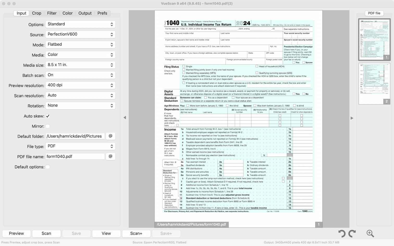 VueScan scanning a document