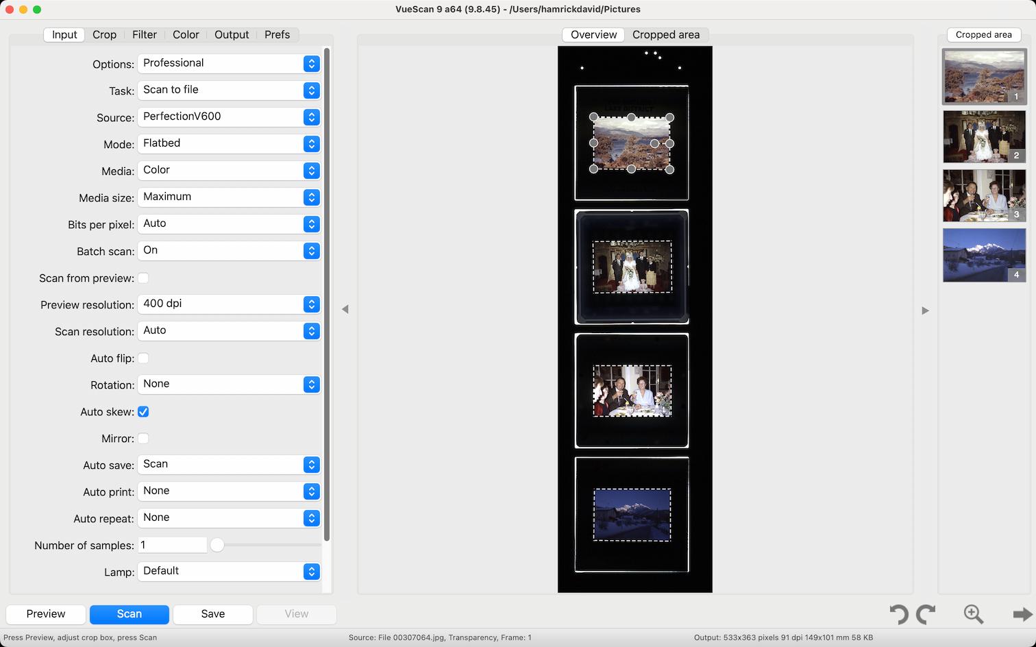 VueScan scanning film slides with automatic cropping