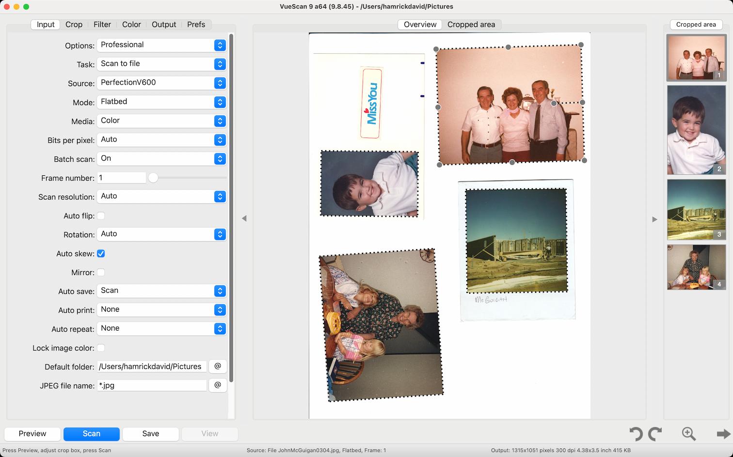 VueScan Screenshot showing a set of photos being scanned and auto-cropped by VueScan