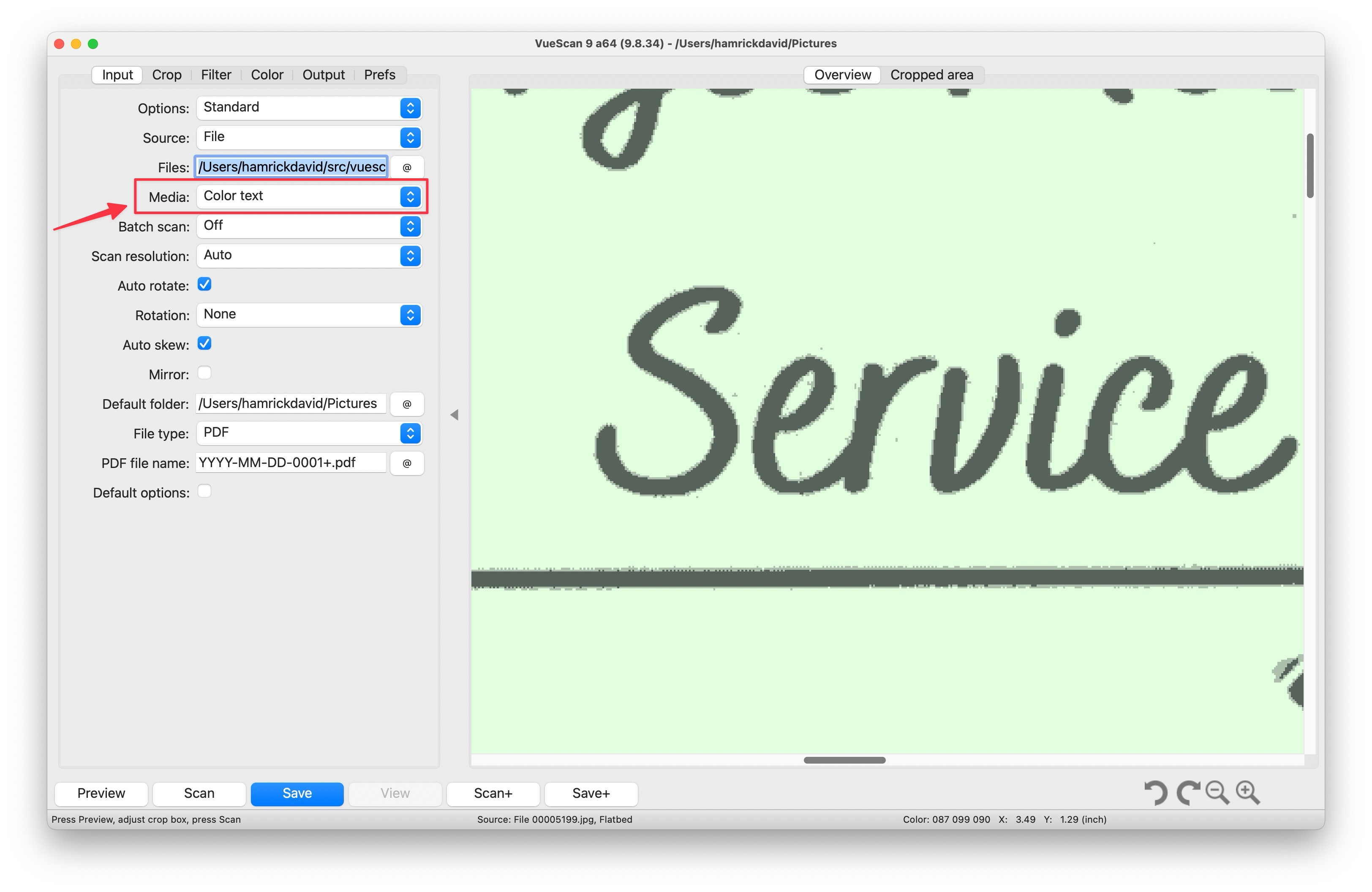 The VueScan User Interafce showing where the `Input | Media` option is