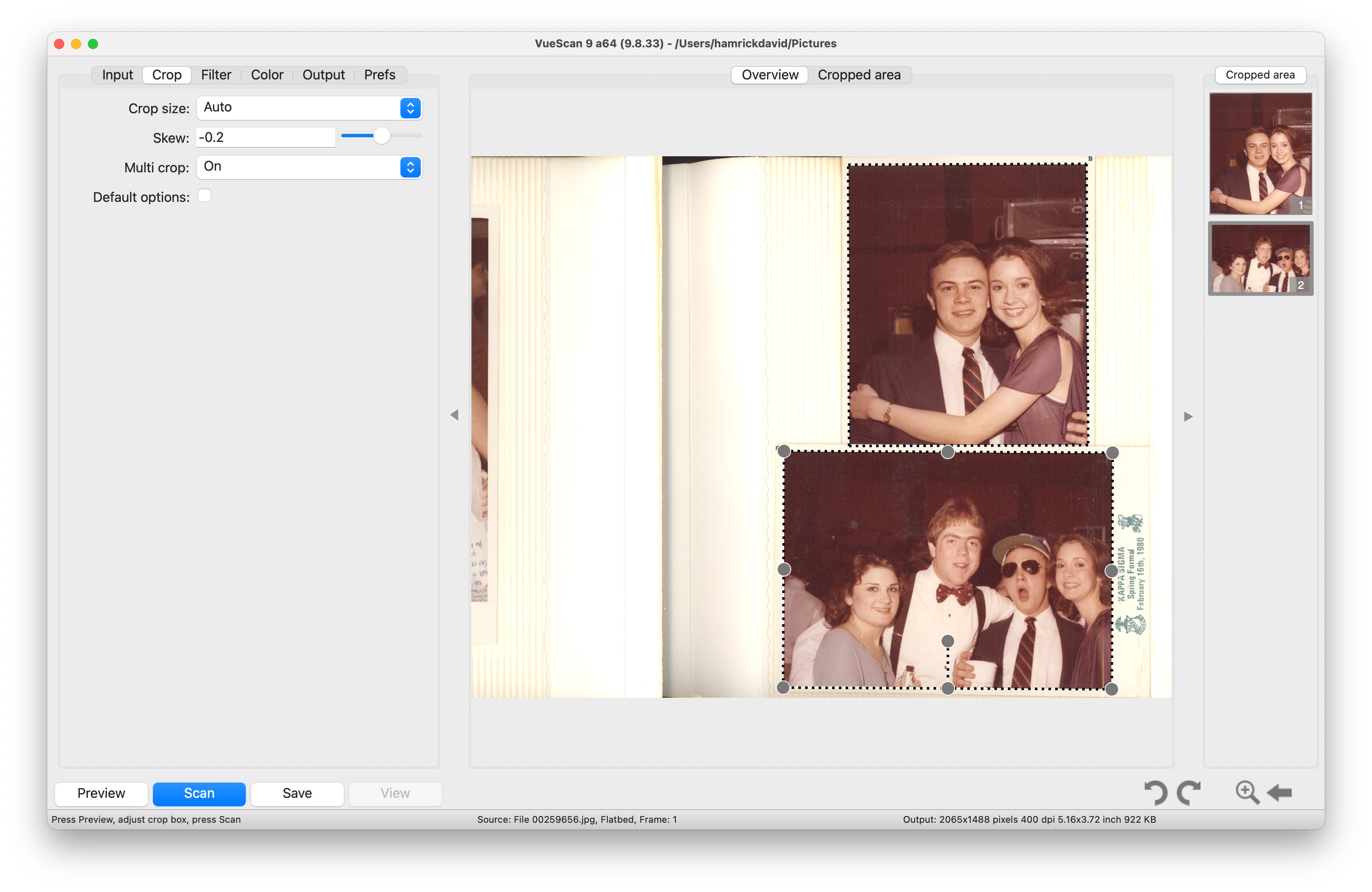 The VueScan User Interface showing the ability to scan photo albums