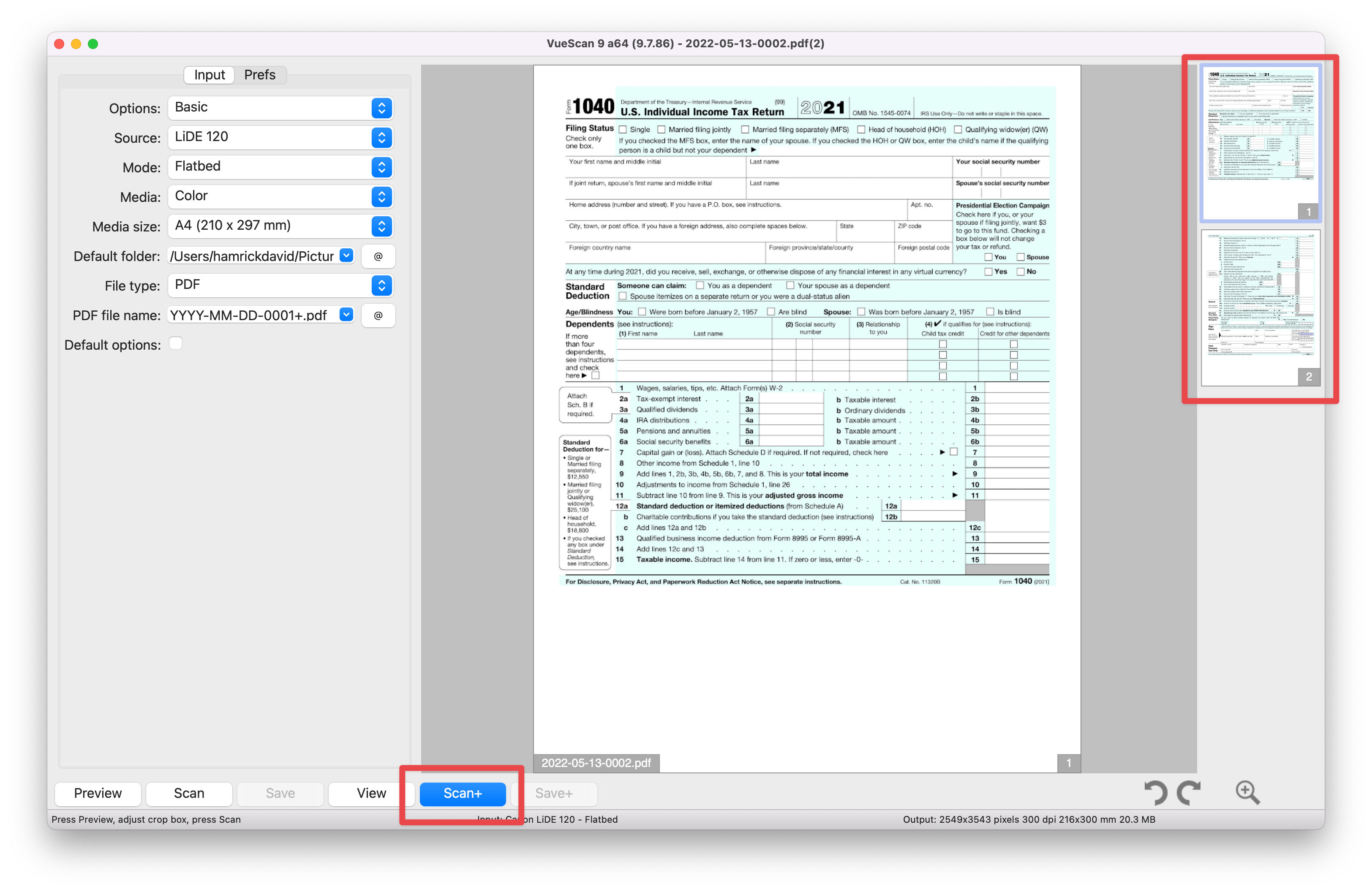 Scan+ button in VueScan