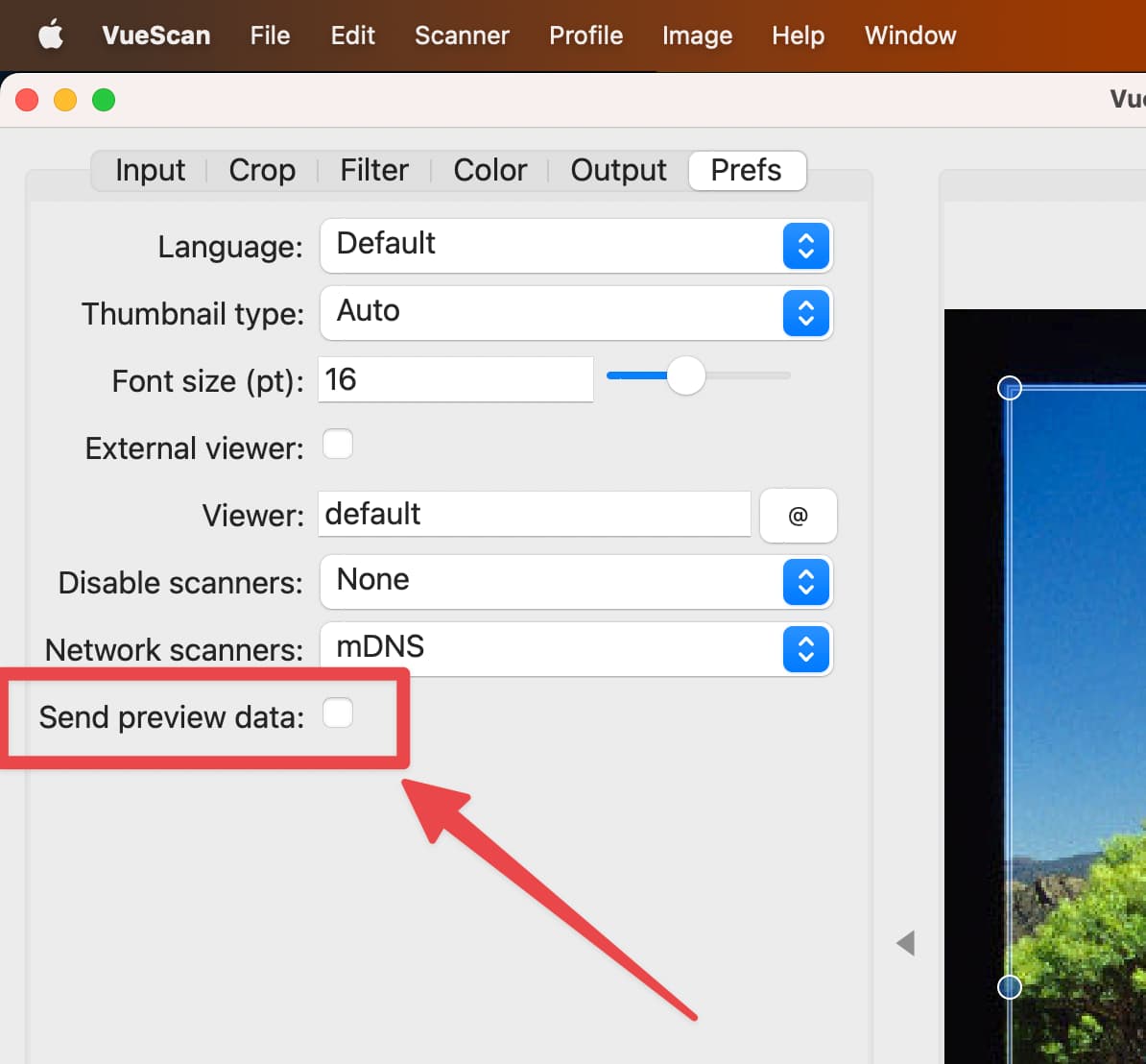The VueScan User Interface showing the Preferences panel highlighting the option to Send Preview data to the VueScan team.