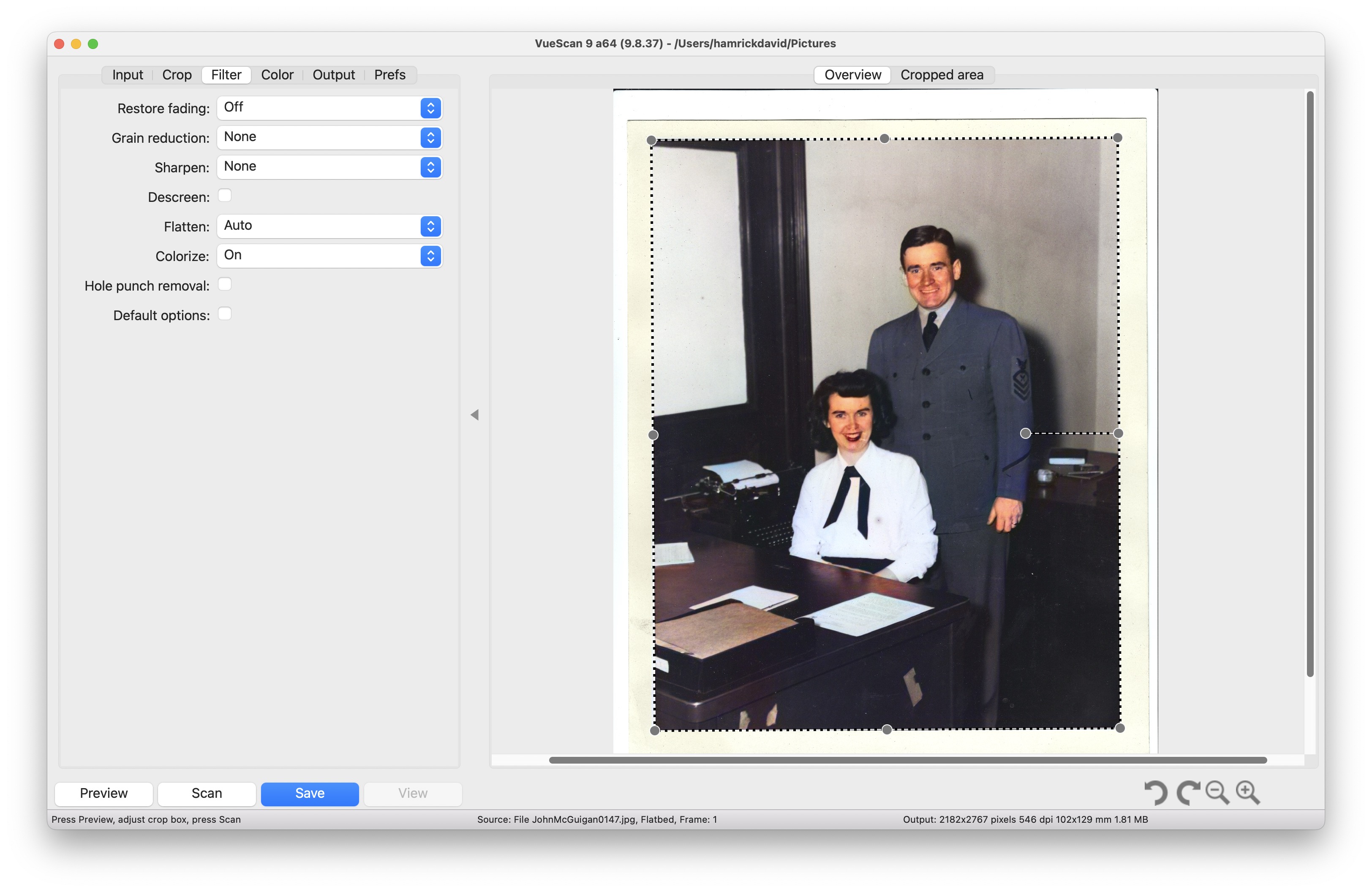 VueScan's User Interface showing the new Colorize Feature