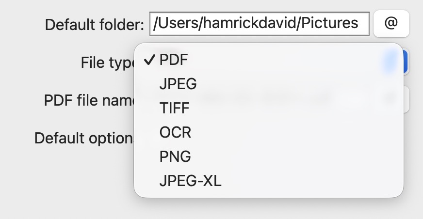 VueScan File type dropdown showing PNG and JPEG-XL options