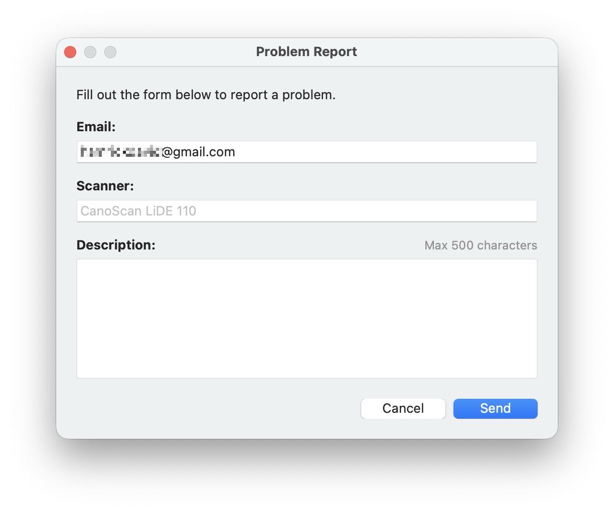VueScan Problem Report dialog
