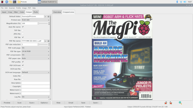 Screenshot of VueScan on Raspberry Pi