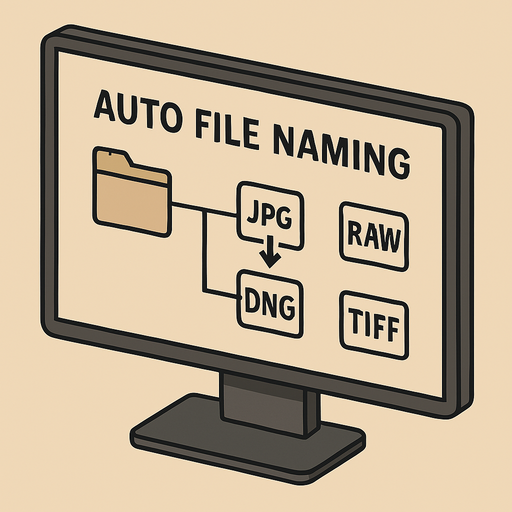 An illustration of a VueScan's ability to set auto filenames with different output options (JPG, TIFF, DNG, and RAW)
