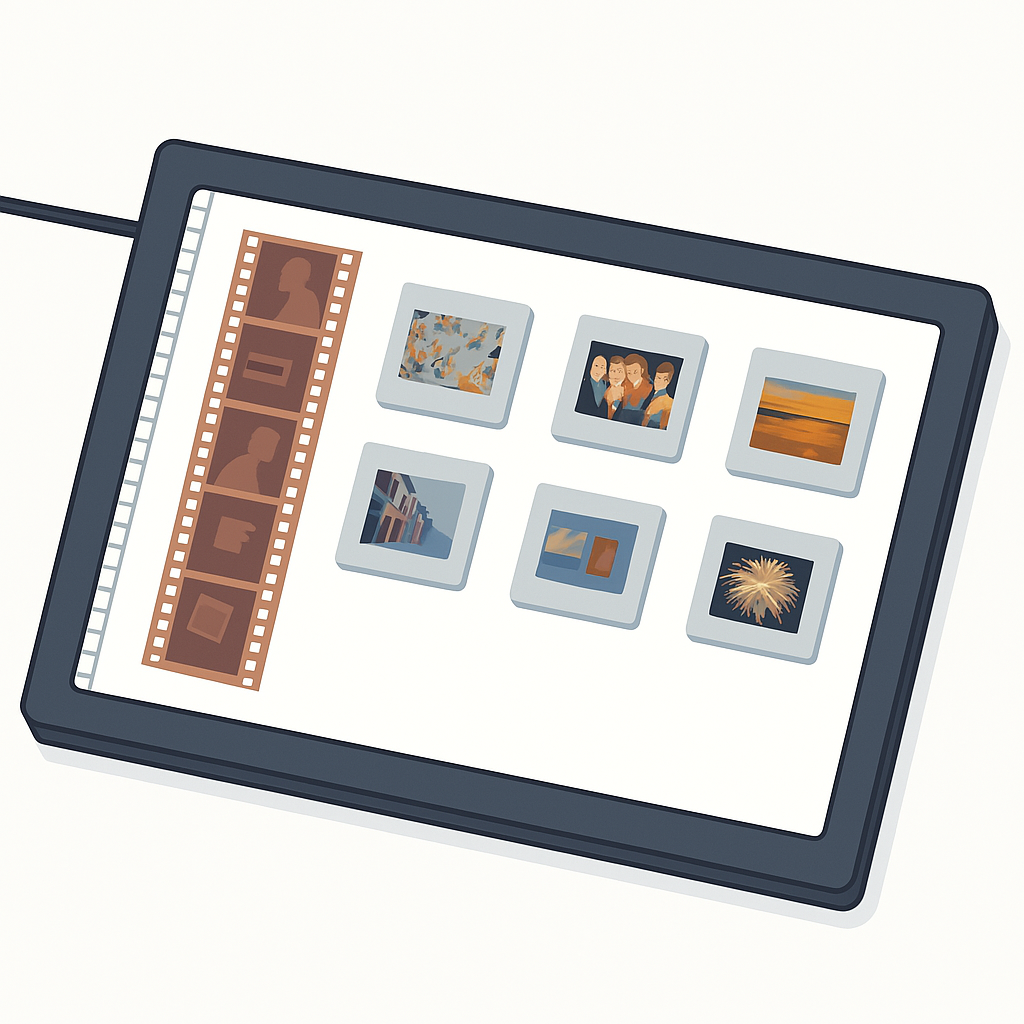 An illustration of a lighttable showing a stack of slides and 35mm film