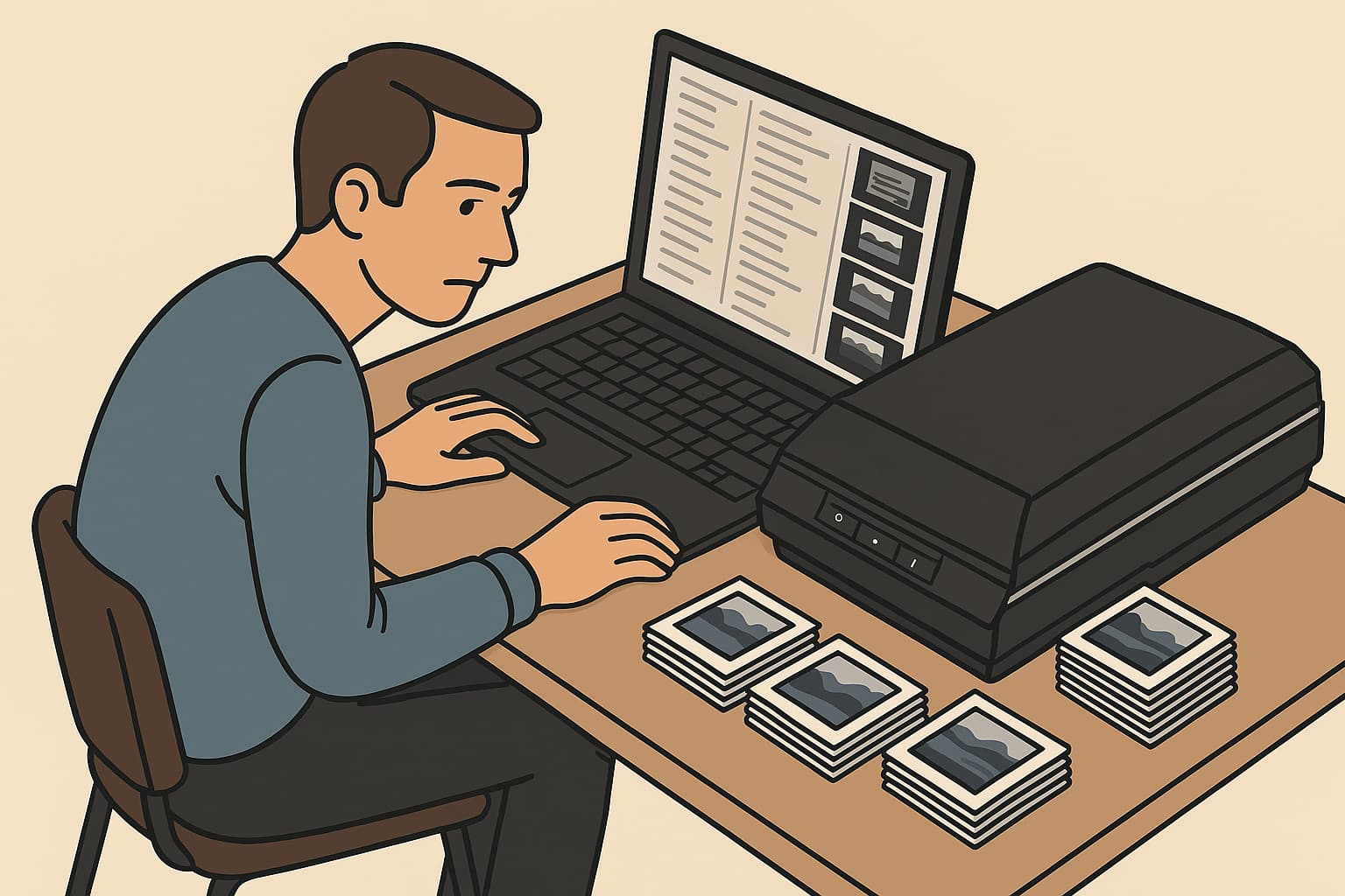 Illustration of a user with stacks of photos next to an ix500 type scanner