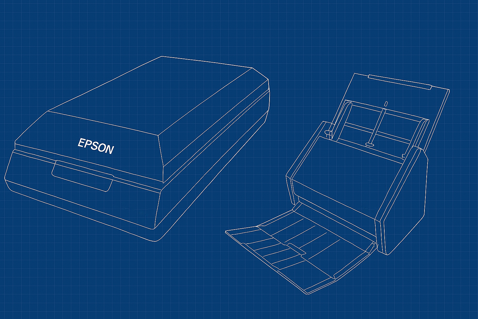 Blueprint style image of flatbed and ADF style scanner