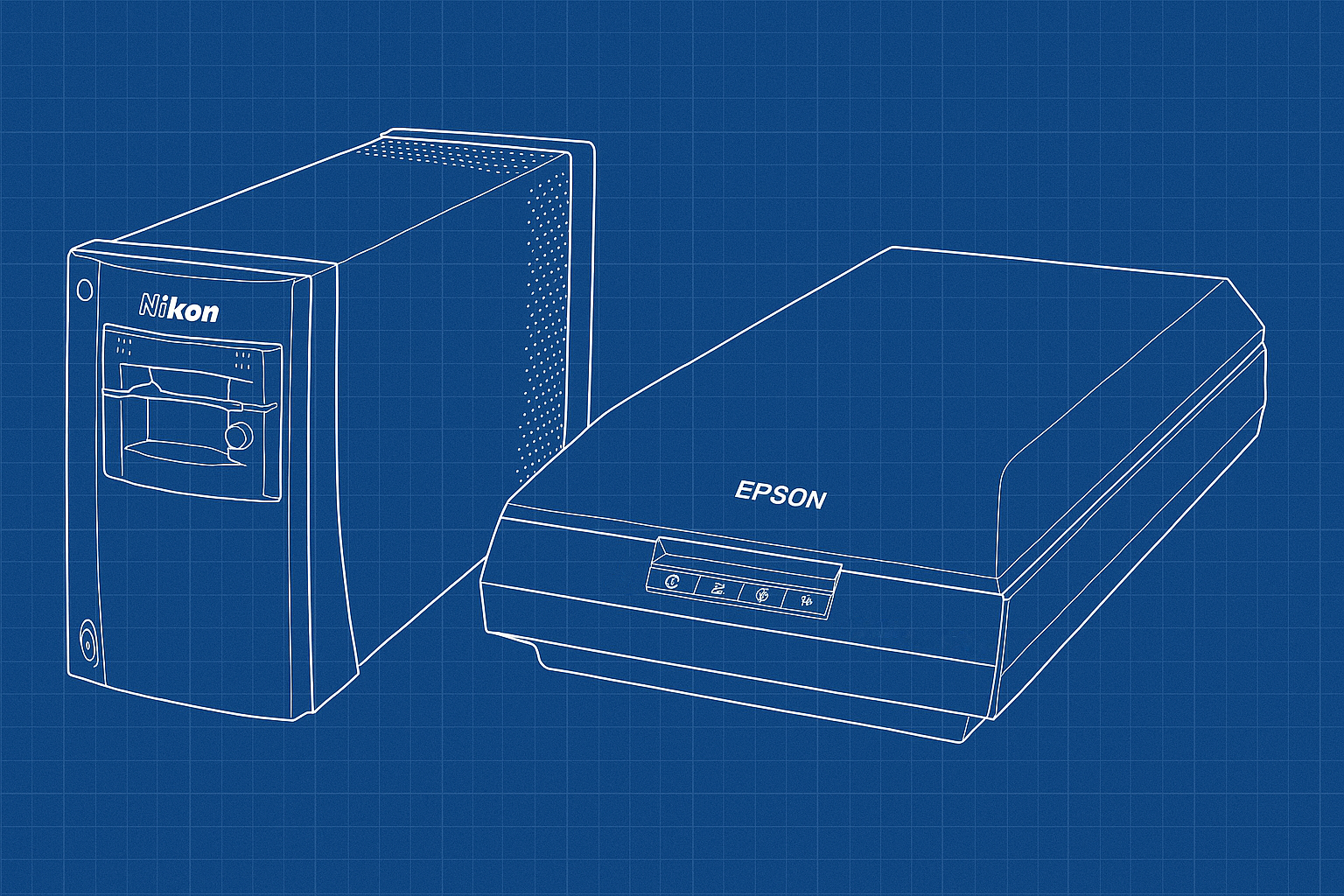 An illustration of multiple different types of scanners (flatbed and dedicated film scanners)