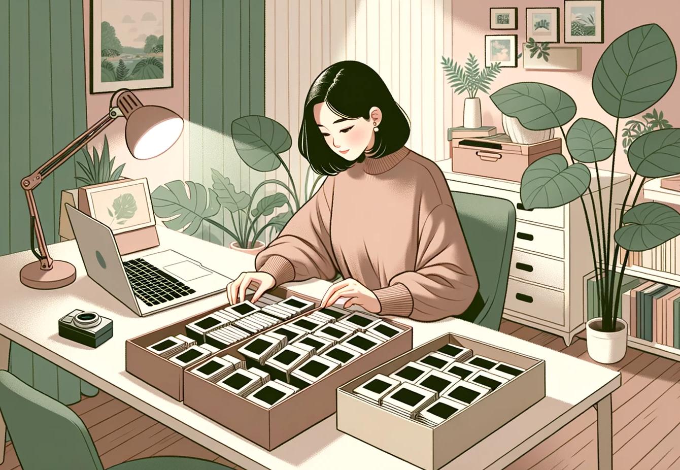 An illustration of a woman organizing her slide collection